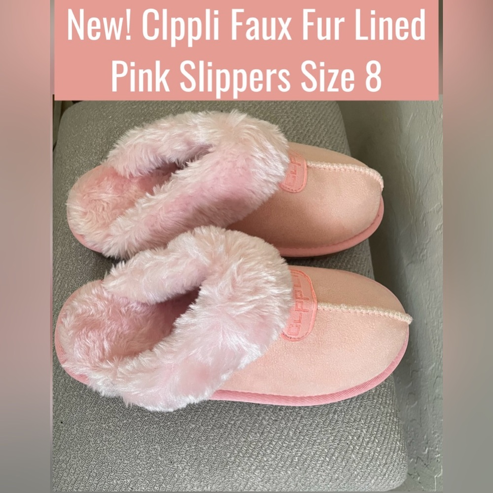 New! Clpp’li Faux Fur Lined Pink Slippers Size 8
